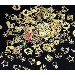 Decoratiuni metalice 3D pentru unghii 100 bucati 026 Fulgi de Zapada Aurii, Mos, Braduti